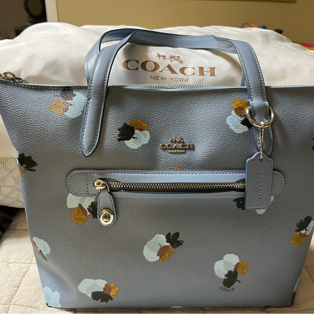 Coach Blue and White Tote Bag with Whimsical floral Print